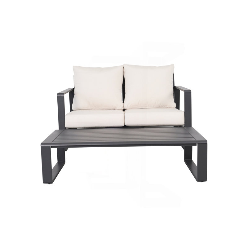 Canapé double + table basse rectangulaire, coussins brun clair