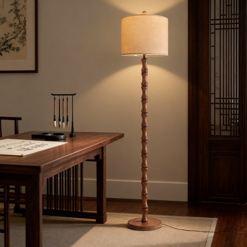 62-Inch Rustic Farmhouse Floor Lamp With Linen Shade, Retro Standing Lamp With Rotary Switch For Living Room, Bedroom, Office & Corner Decor