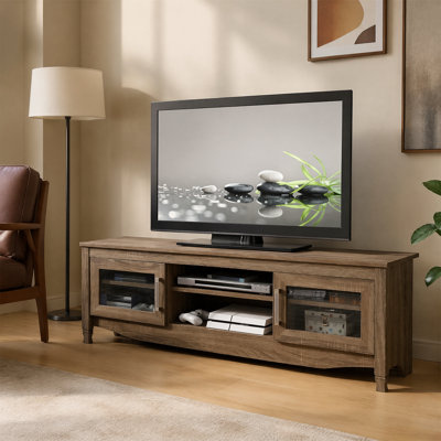 TV Stand for TVs up to 60 Inch, Farmhouse Media Console with Glass Storage Cabinets  Central Open Shelf, Wooden Entertainment Center for Living Room
