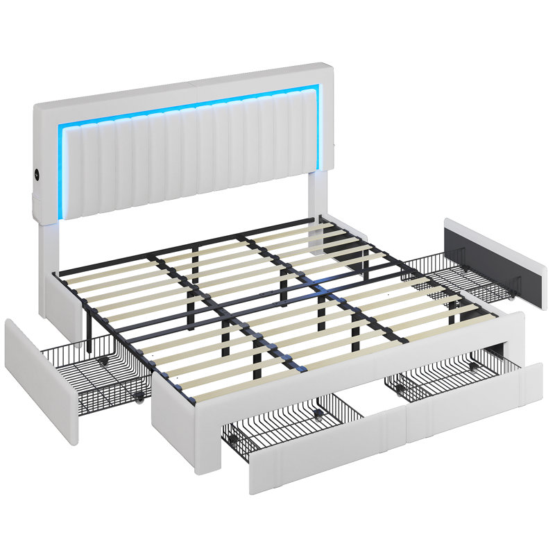 Cadre de lit tête de lit tapissier réglable en velours à DEL avec 4 tiroirs de rangement et ports USB, Blanc, Grand