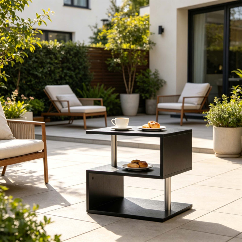 Table d'appoint chic en forme de S avec trois niveaux pour le rangement et la présentation, parfaite pour les espaces de vie modernes.