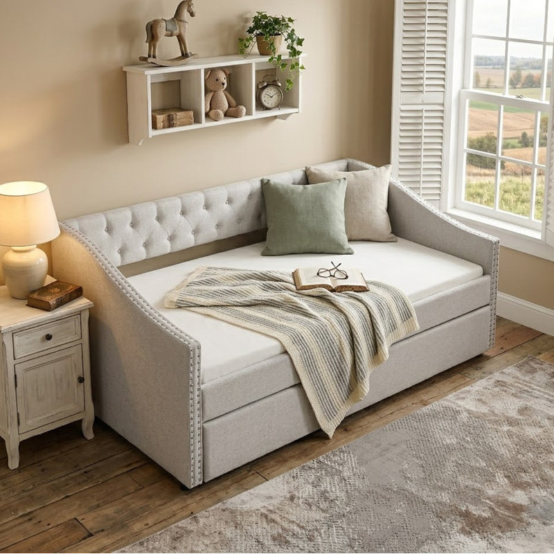Practical Twin Daybed with Trundle with wooden slats and tufted backrest for living room and bedroom, Beige