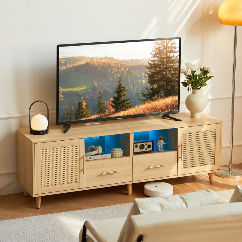 Natural Wood and Rattan TV Stand with LED Lights