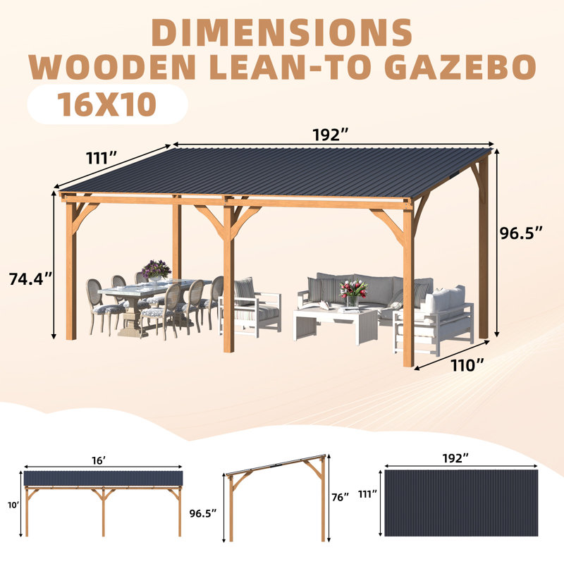 Patio Wood Lean To Hardtop Pergolas, 96.5" H x 192" W x 115" D