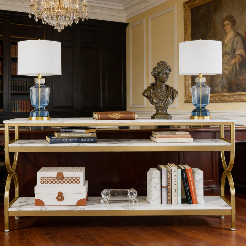 Faux Marble Sofa Table,3-Tier Bedside Table,Console Table,Foyer Table