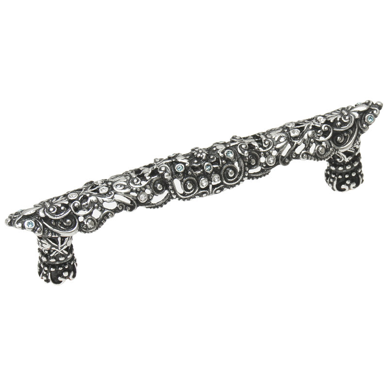 Juliane Grace 3 inches c.c. pull with Clear & Aquamarine Swarovski Crystals in Antique Brass, 4", Silver