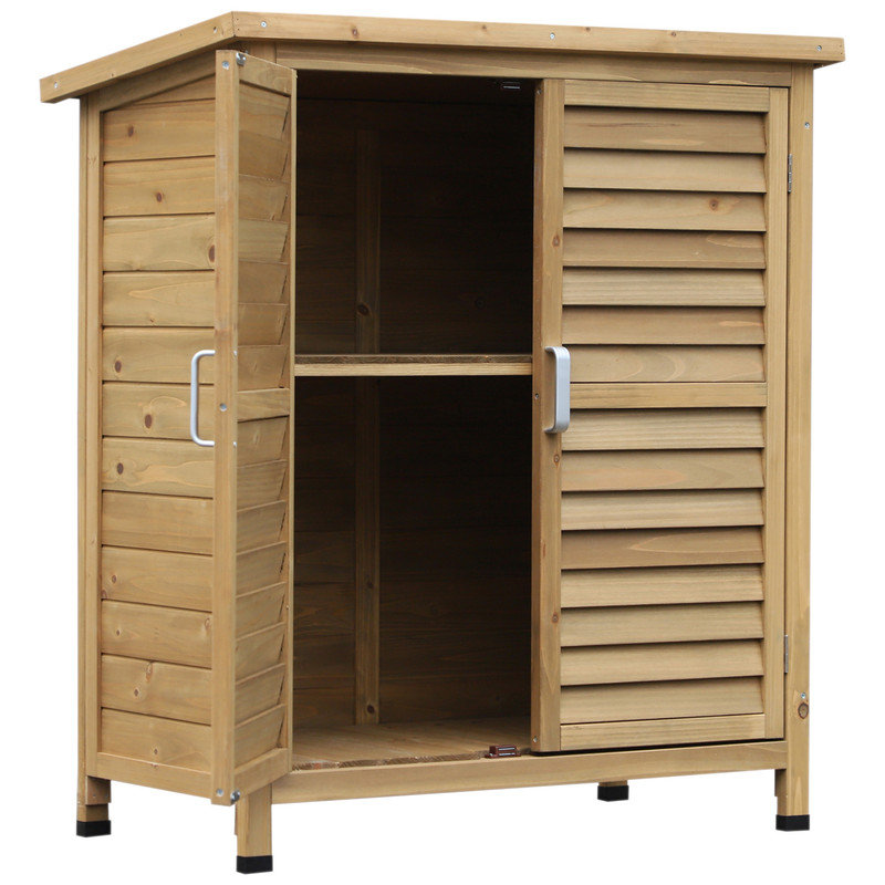87x46.5x96.5cm Wooden Garden Storage Shed, Solid Fir Tool Cabinet with Asphalt Roof & Double Doors, Natural