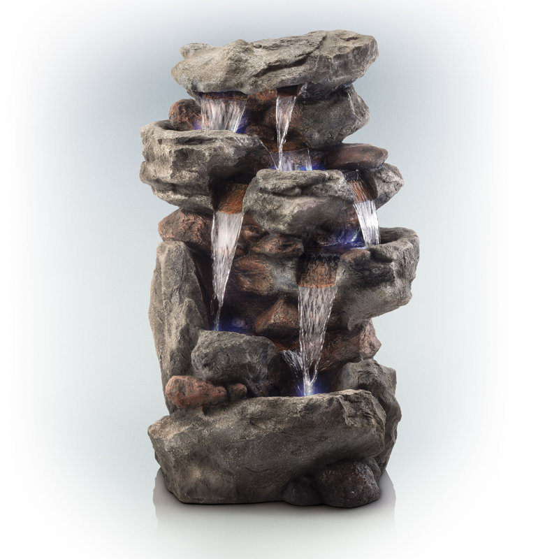 Floor Stone Tower Fountain with LED Lights, 51" H x 33" W x 24" D