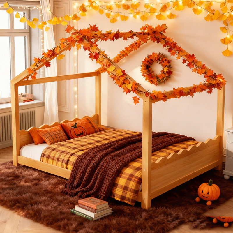 Lit de maison avec lattes de soutien, cadre de lit en bois massif pour enfants, aucun sommier et ouverture, Naturel