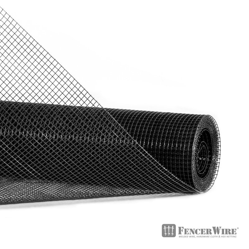 Toile de quincaillerie recouverte de vinyle noir H 3 pi x l 5 pi, rouleaux de clôture soudés en fil métallique de calibre 23, 1/4 po x 1/4 po