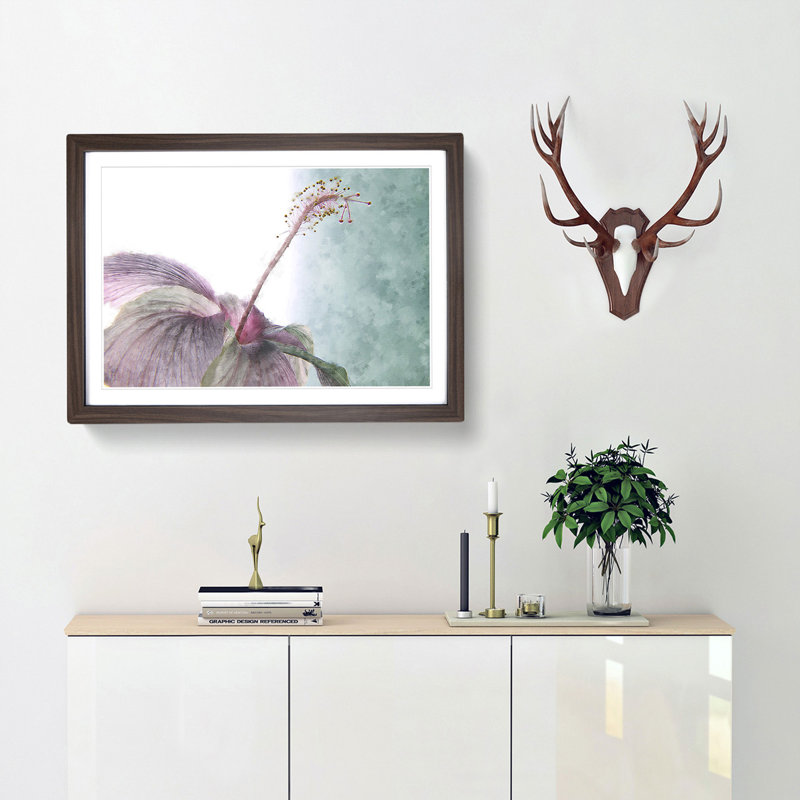 Pink Hibiscus Flower - Picture Frame Graphic Art Print, 24cm H x 33cm W x 2cm D, Walnut