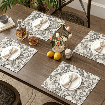 Floral Linen Placemats, Rustic Cottagecore Botanical Design, Non-Slip And Washable, Set Of 4, (Black)
