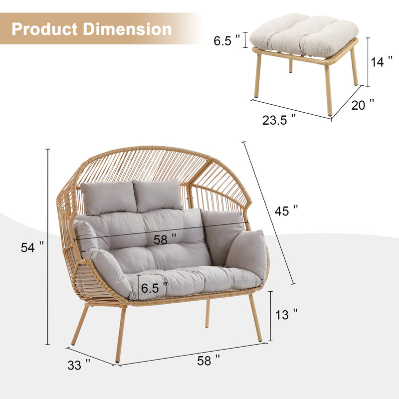 Chaise berçante d'extérieur en osier double avec support et coussins, Beige, Jaune