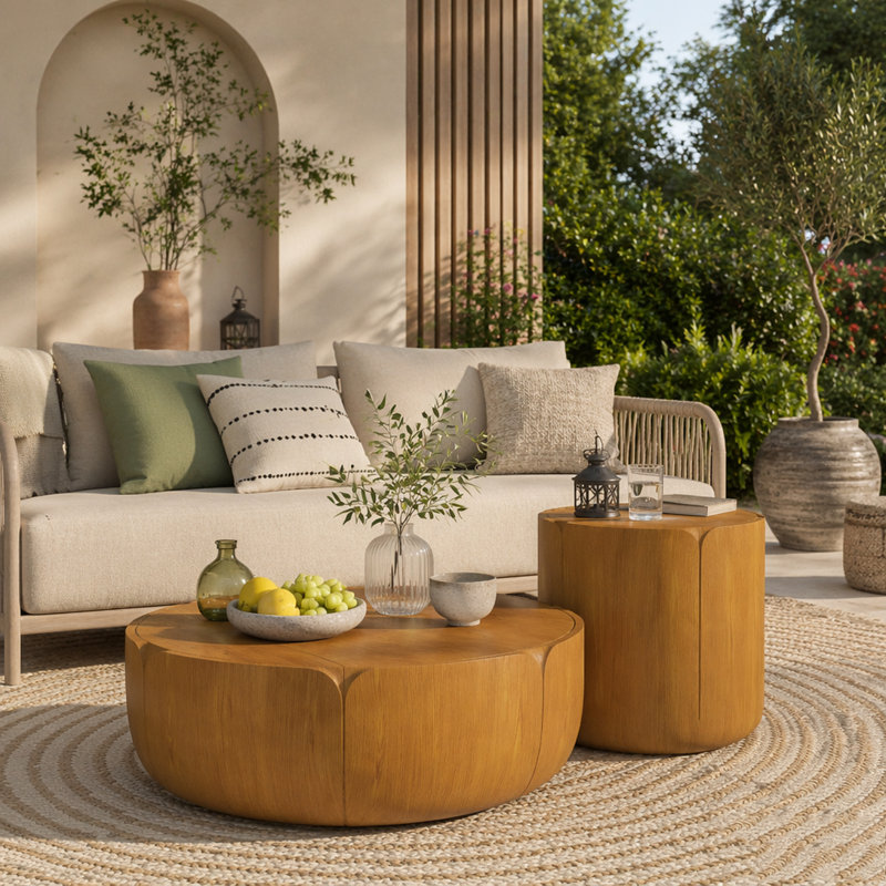 Ensemble de tables basses rondes pour l'extérieur et l'intérieur (2 pièces), L 35,63 po et l 19,69 po, Natural