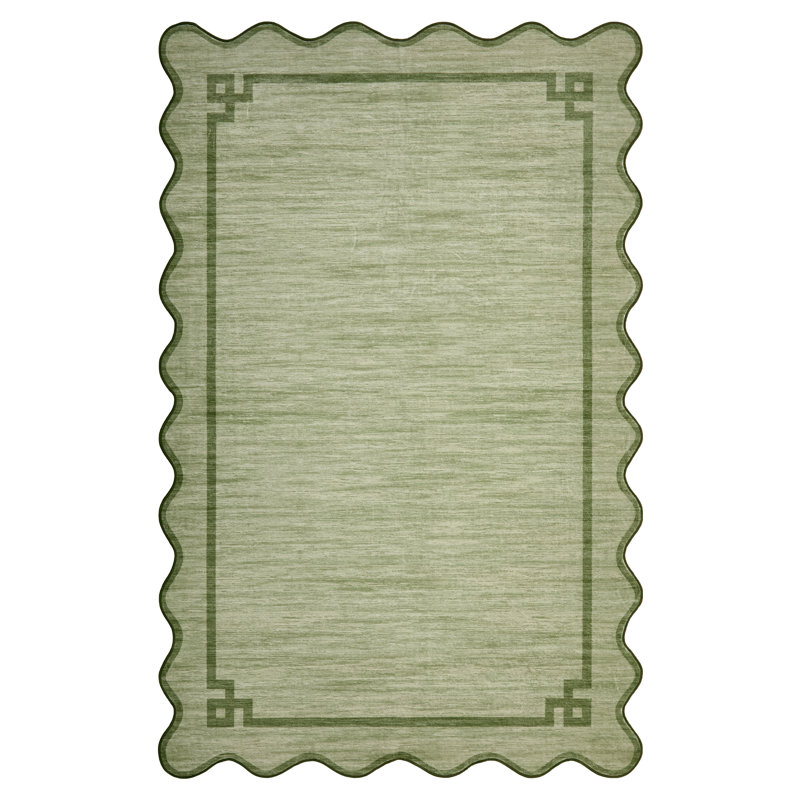 Tapis moderne à bordure lavable pour salon, chambre, couloir, Vert, 10 x 13 pi