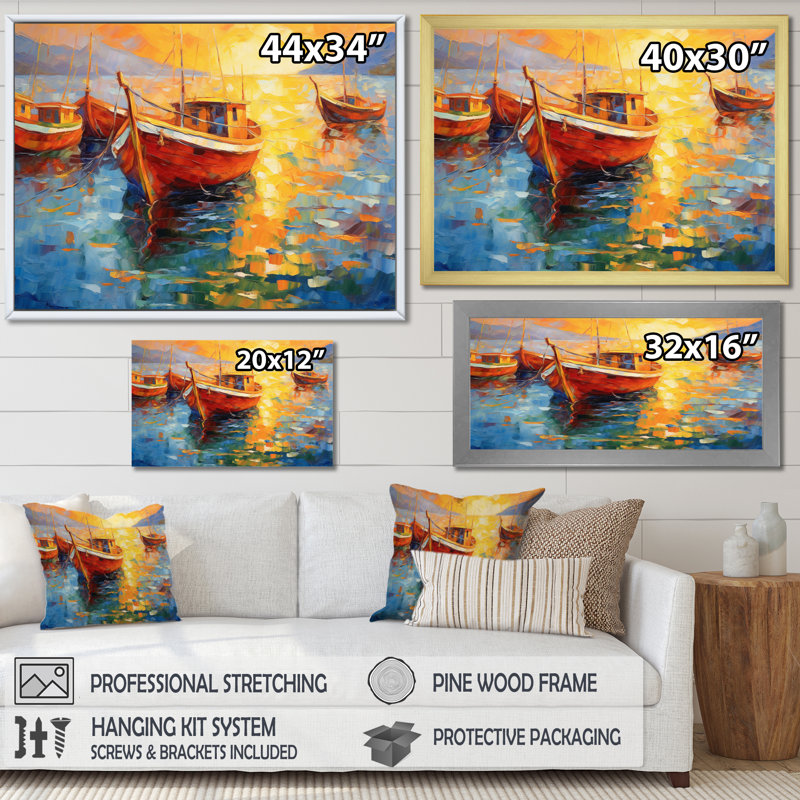 Bateaux dans le port II, reproduction d'art sur toile, H 24 po x l 32 po x P 1 po, Cadre flottant noir