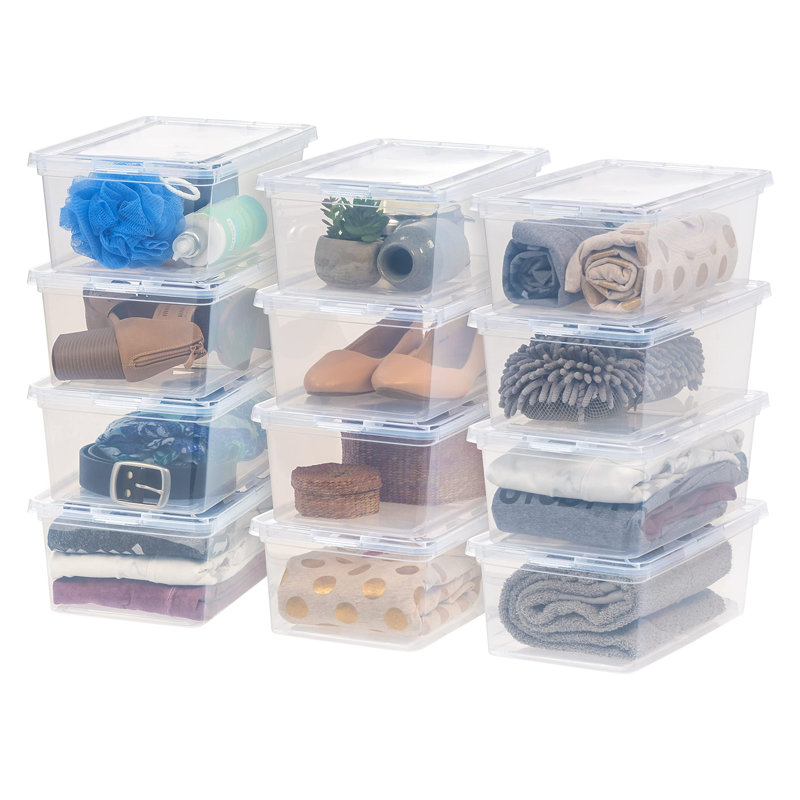 7 Quarts Plastic Storage Container Bin With Latching Lid, 12 Pack, Nestable Box Tote Closet Game Organization Teacher Tools Art Supplies Shoe Shoebox Stackable