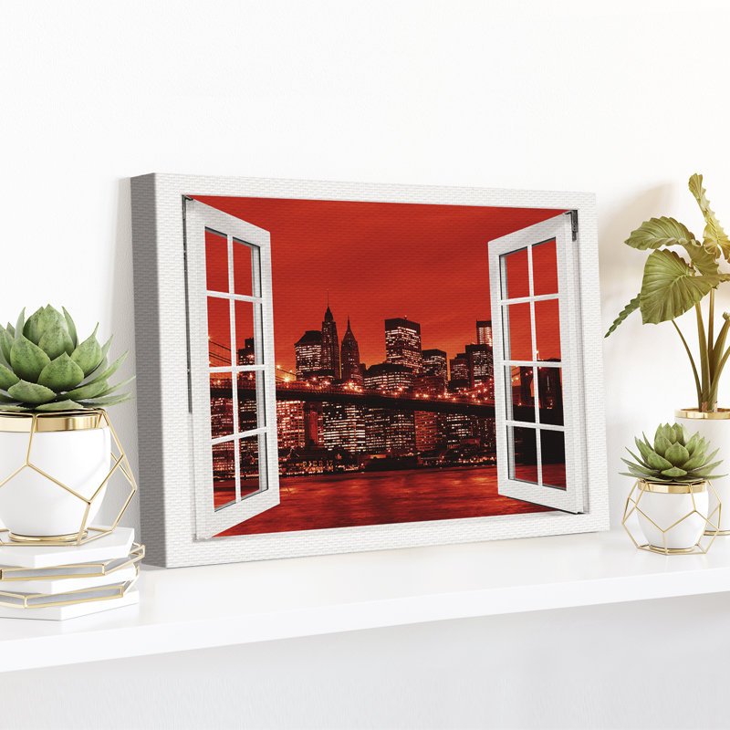 New York Manhattan Brooklyn Bridge Red Window - No Frame Print on Canvas, 30cm H x 40cm W x 2cm D