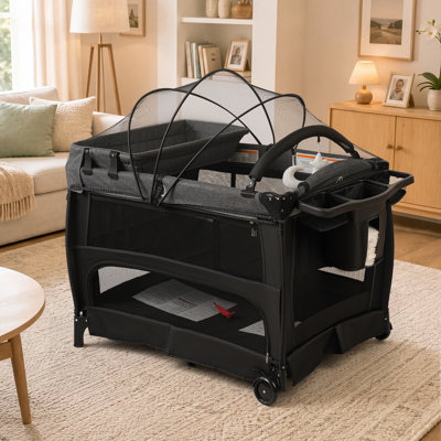 Baby Playard with Bassinet, 5-in-1Bedside Sleeper, Changing Table, Canopy & Side Zipper, Portable Baby Playard