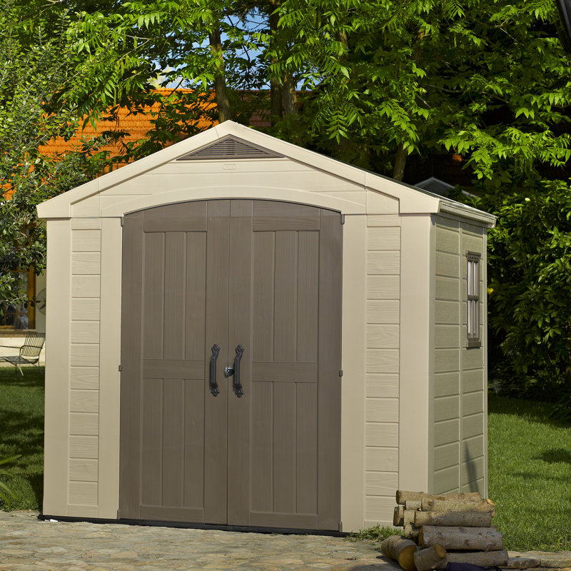 Keter Factor 8x6 ft. Durable Resin Outdoor Storage Shed With Floor and Double Doors for Garden Patio Furniture and Tools, Brown