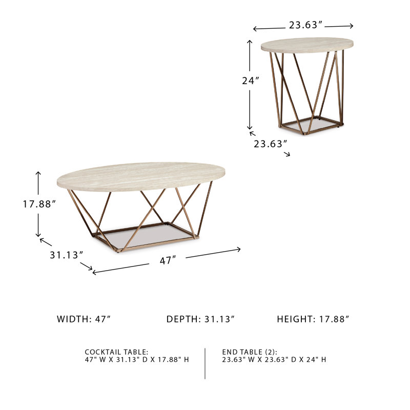 Lembo 3 - Piece Living Room Table Set, White/Gold