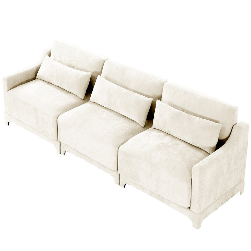 Trois places rembourrées en chenille beige, avec un design ergonomique, un coussin lombaire, une base en bois et des sièges confortables pour plusieurs pièces avec support, éponge élégante et haute résilience, modulaire