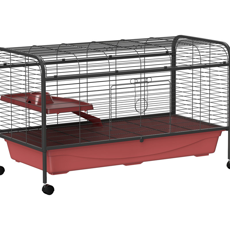 Refuge pour petits animaux de 48 po de hauteur - maisonnette pour lapins et furets avec mangeoire, roues, plateforme, rampe rouge / noir cachette rouge + noir