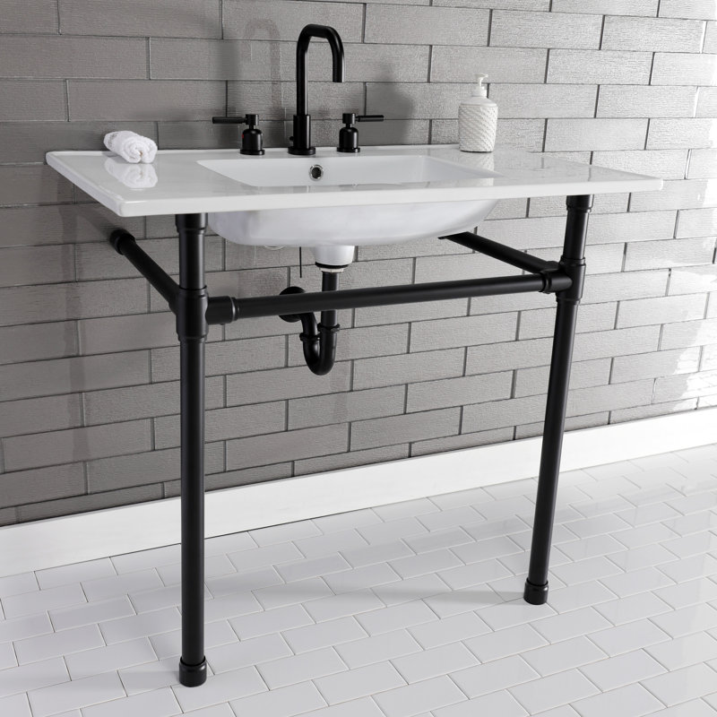 Kingston Brass Concord Two-Handle 3-Hole Deck Mount Widespread Bathroom Faucet with Brass Pop-Up Drain, Matte Black