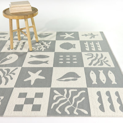 Ventura Blue Coastal Icon Check Indoor/Outdoor Area Rug
