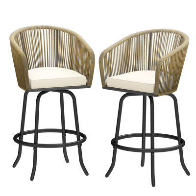Ensemble de 2 tabourets de bar pivotants pour patio, en rotin - Chaises de salle à manger d'extérieur tissées avec coussins (beige)
