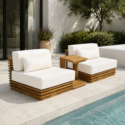 Oversized Outdoor 3-Piece Chat Set with Two Club Chairs and Side Table, Acacia Wood Frame, Natural Finish with Beige Cushions