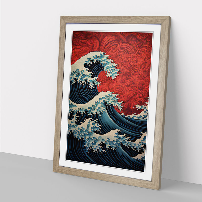 XYZ-FRM-V1223-6461 Wave Japanese Geometric No.2 - Single Picture Frame Print on Wood, Oak, 34cm H x 25cm W x 2cm D