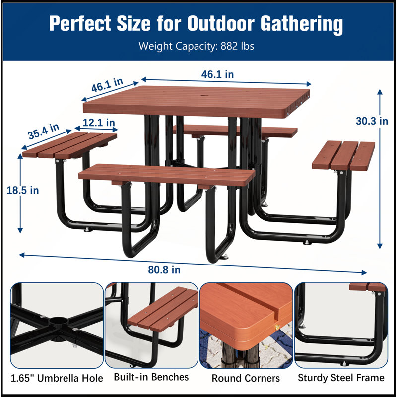 Ensemble de table de pique-nique carrée en bois massif (80,8 po x 80,8 po x 30,3 po) avec bancs intégrés, capacité de charge de 400 kg (882 lb), trou pour parasol.