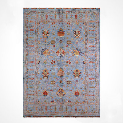 Original Hand Knotted Traditional Pattern Blue Wool and Cotton Rug