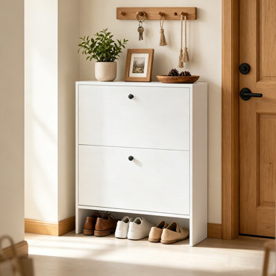Armoire à chaussures mince pour le vestibule, armoire de rangement pour chaussures étroite de 9,4 po avec 2 tiroirs rabattables, range-chaussures dissimulé pour le couloir, le vestibule, un appartement, étagère à chaussures en bois moderne