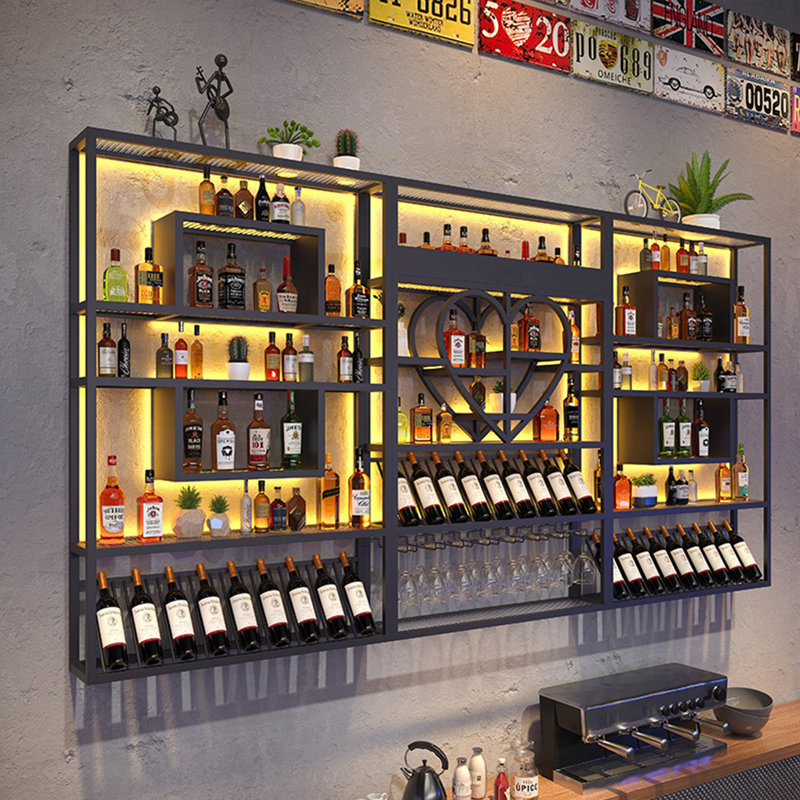 Wall Mounted Shelf Industrial Style Bar Iron Display Shelf (LED Lights Not Included), 59" H x 110.2" W x 7.8" D, Black