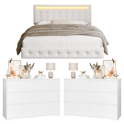 3-Piece Bedroom Sets, Floating Bed Frame With Lighted Headboard & 2 6-Drawer Double Dresser by Wrought Studio