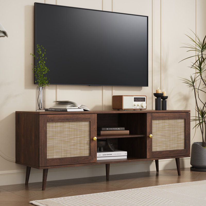 Rattan Tv Stand For 55/60 Inch Tv, Boho 59" Entertainment Center With Storage, Modern Mid Century Media Console With Rattan Doors And Adjustable Shelf, Wood Tv Stand For Living Room, Walnut
