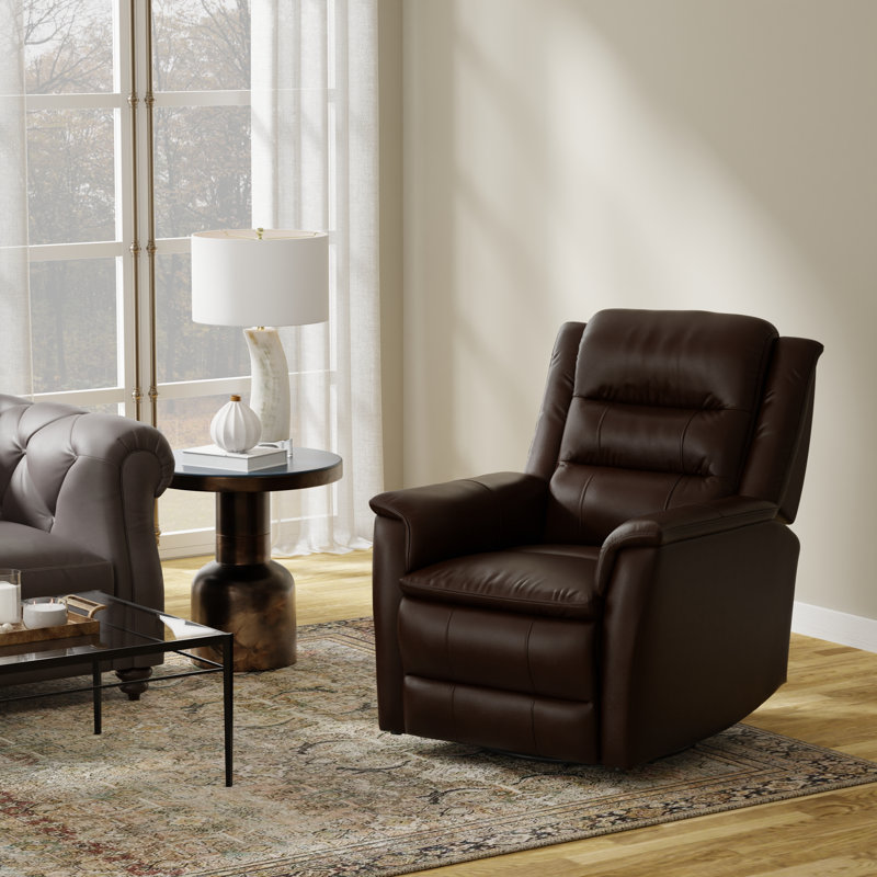 Fauteuil inclinable et oscillant pivotant en cuir fleur brésilien avec repose-pieds manuel, Cuir fleur tabac