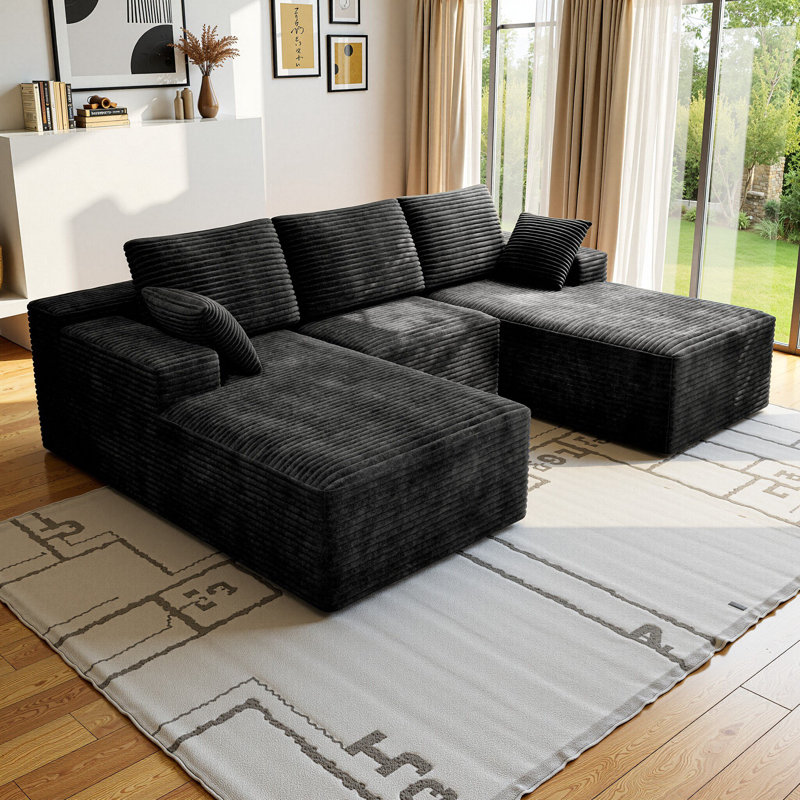 Koli 98" U-Shaped Compression Sectional, Corduroy Cloud Couch, Black, Black Corduroy