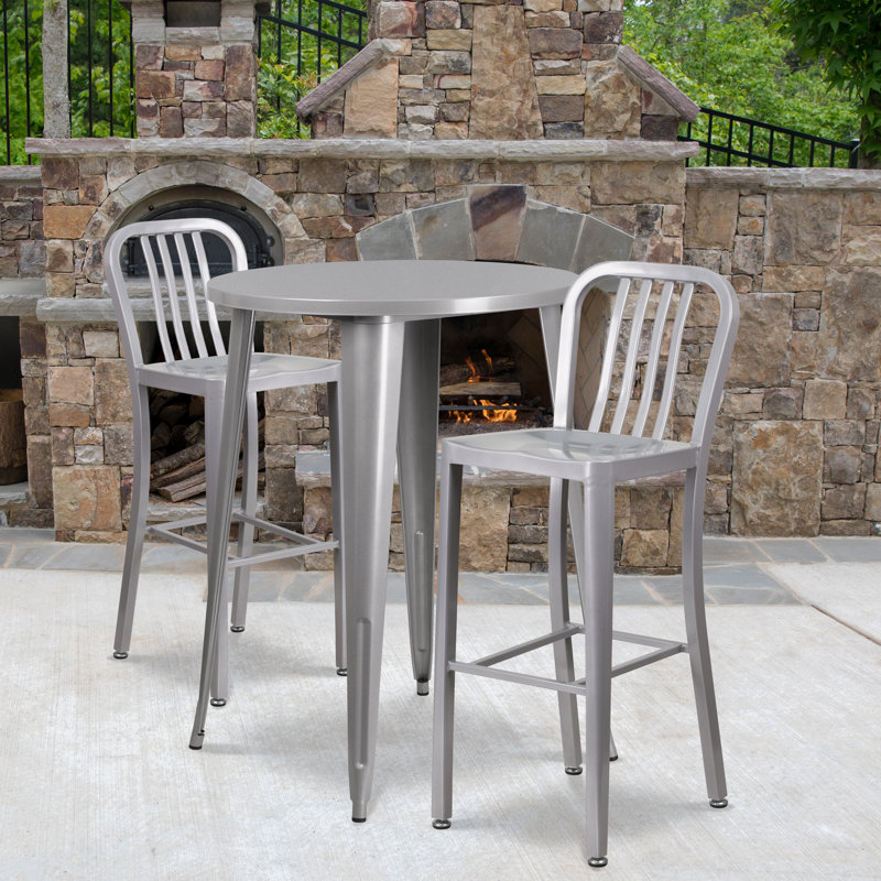 Drumfane 30'' Round Metal Indoor-Outdoor Bar Table Set with 2 Vertical Slat Back Stools, Silver, 30'' x 30'' x 41''