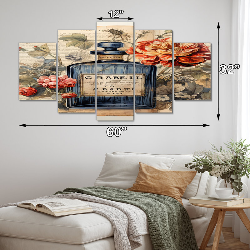 Bouteille de parfum rétro avec fleurs II - reproduction d'art mural - 5 panneaux