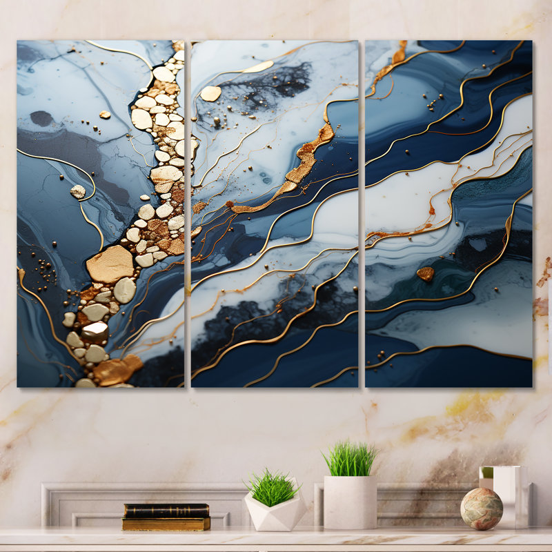 Décoration murale en marbre bleu et doré «River II», Toile tendue, H 32 po x l 48 po x P 1 po