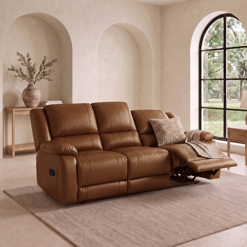 Canapé inclinable manuel de 81,5 po de largeur avec accoudoirs coussinés, Light Brown