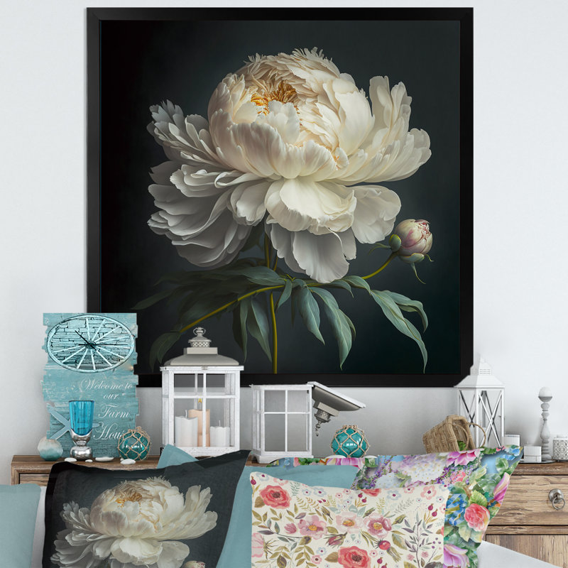 Blooming White Peony V - Art mural pivoine, Toile avec cadre photo, H 24 po x l 24 po, Noir