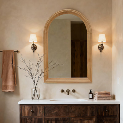 Miroir mural arqué avec cadre en bois, miroir décoratif rustique pour salle de bain