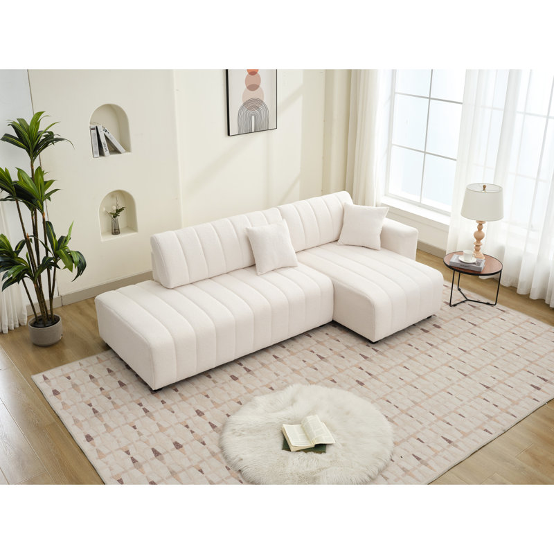 En forme de L à 3 places d'inspiration scandinave avec coussins décoratifs, revêtement en laine, rembourrage en mousse, options de sièges flexibles en laine d'angle beige, fonction réversible, rembourrage haute densité