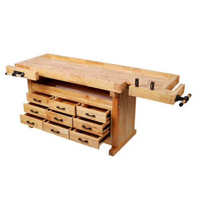 9-Drawer Butcher Block Workbench with Rubber Wood Top, Heavy Duty Garage Storage Station