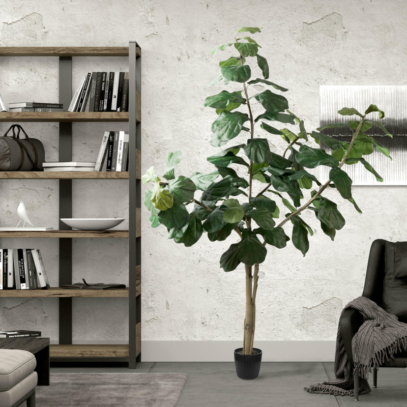 8' Artificial Potted Fiddle Tree, 96" H x 46" W x 46" D