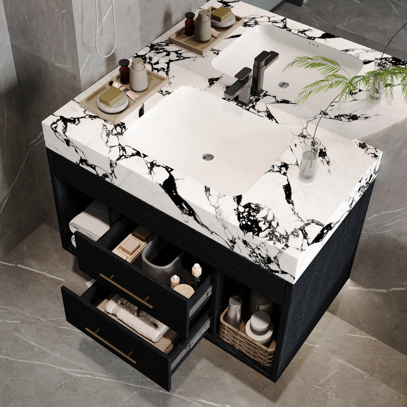 Ensemble de meuble-lavabo mural flottant 29,9 po, Noir, Noir, blanc